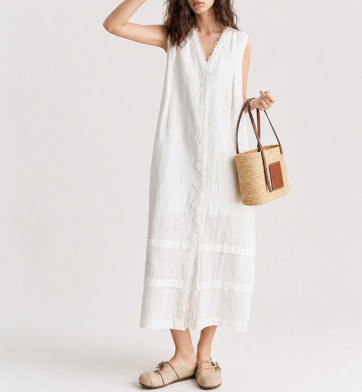 Wind | Lace-Trimmed Linen Midi Dress