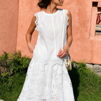 Linen-Blend Eyelet Embroidered Set | White tea