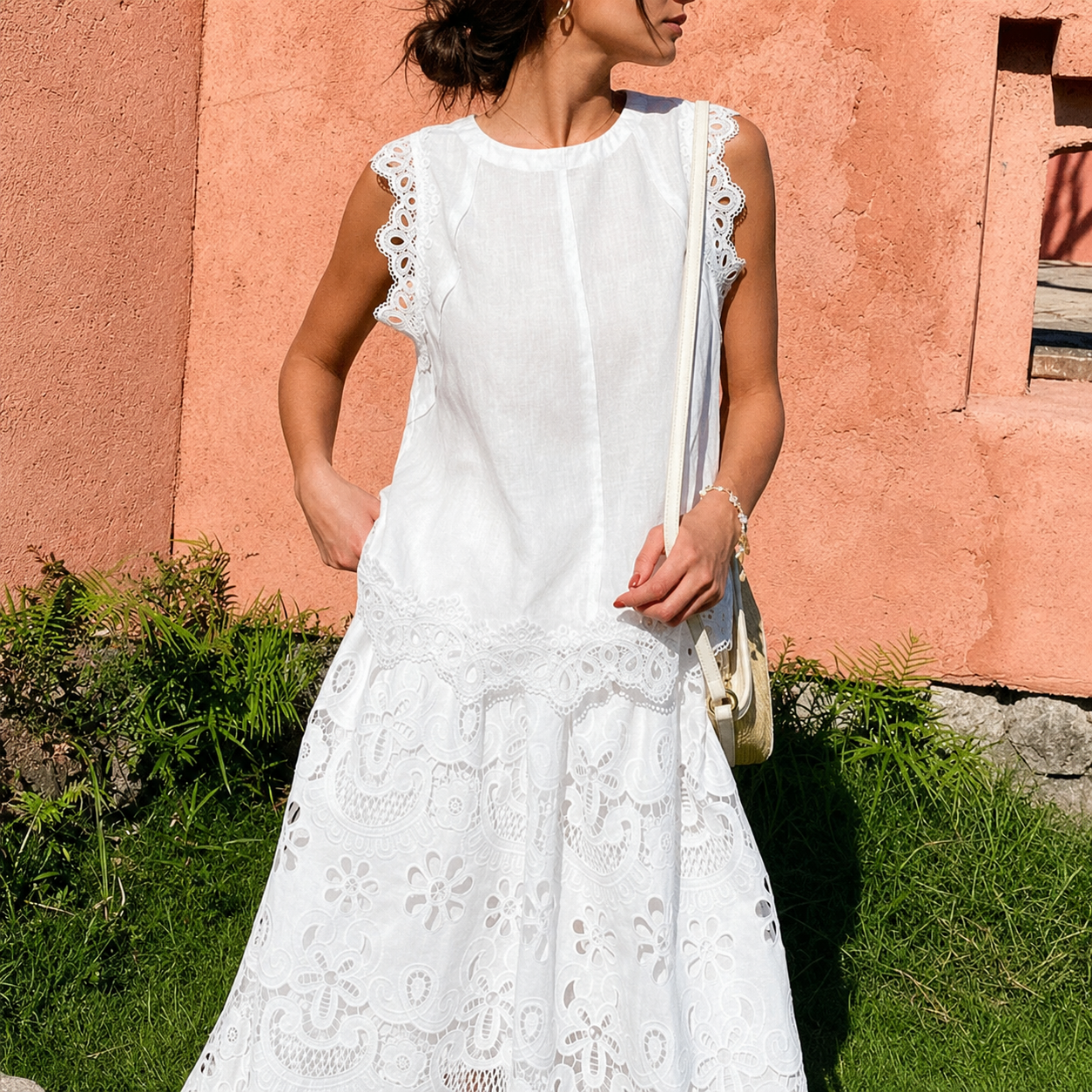 Linen-Blend Eyelet Embroidered Set | White tea