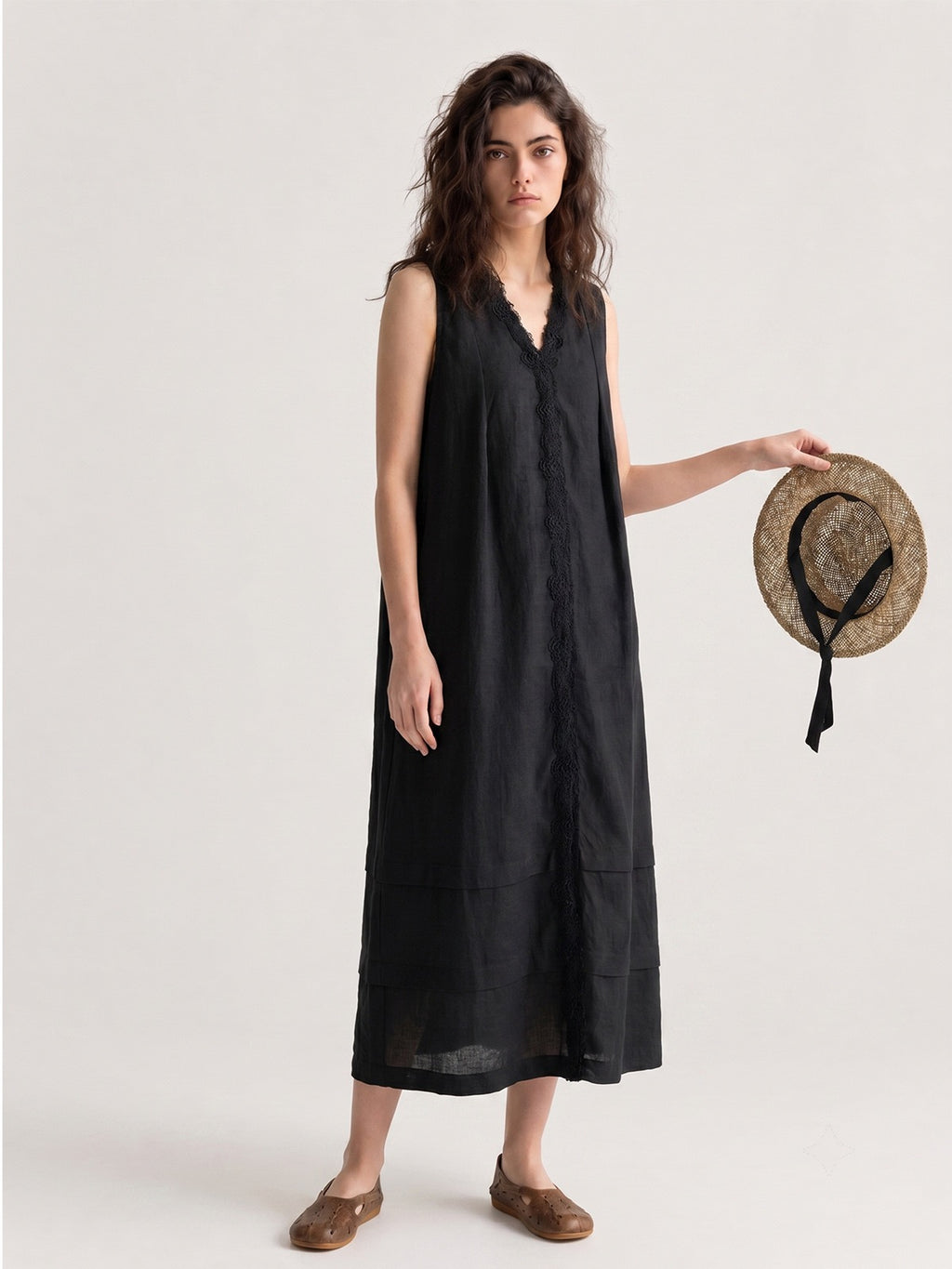 Wind | Lace-Trimmed Linen Midi Dress
