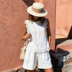 Linen-Blend Eyelet Embroidered Set | White tea