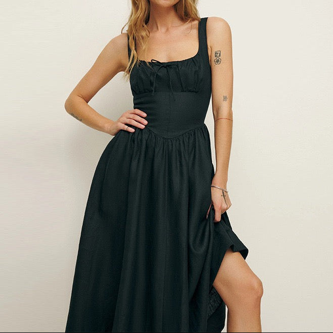 Square-Neck Linen Midi Dress｜Linen Hush