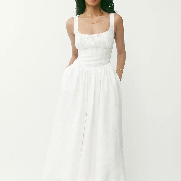 Square-Neck Linen Midi Dress｜Linen Hush