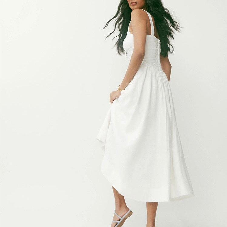 Square-Neck Linen Midi Dress｜Linen Hush