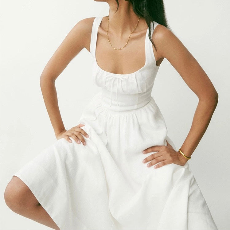 Square-Neck Linen Midi Dress｜Linen Hush