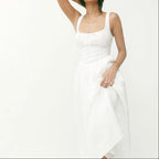 Square-Neck Linen Midi Dress｜Linen Hush