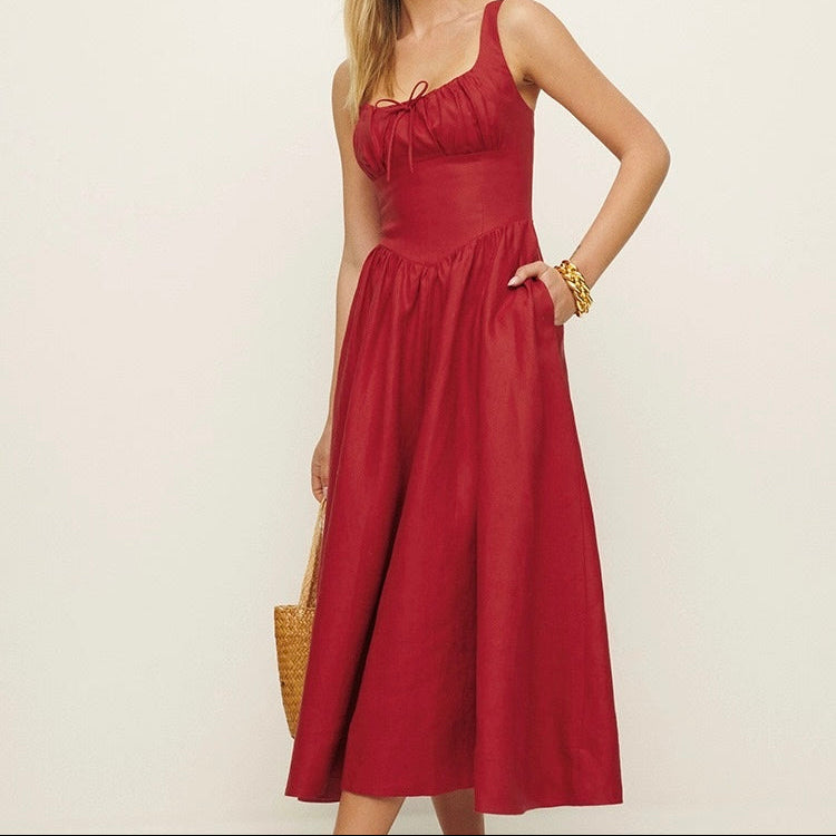 Square-Neck Linen Midi Dress｜Linen Hush