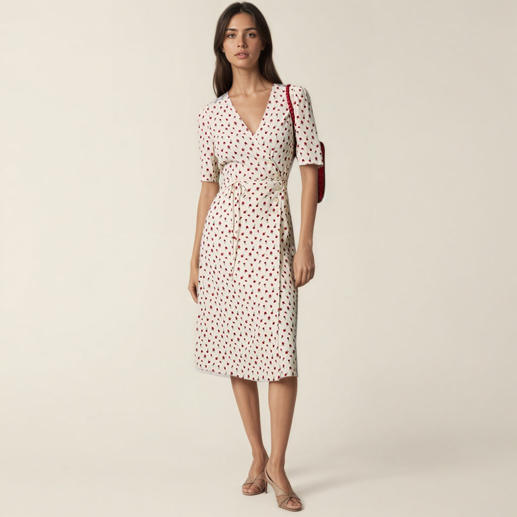 Floral V-Neck Tie Wrap Midi Dress｜Soft Enfold