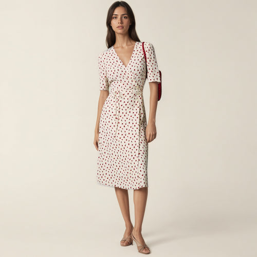 Floral V-Neck Tie Wrap Midi Dress｜Soft Enfold