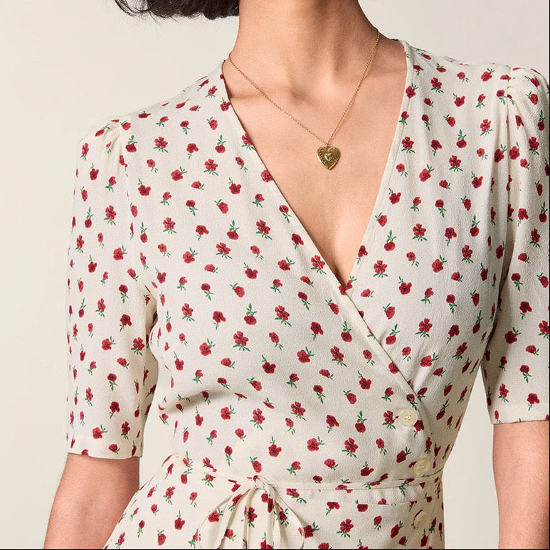 Floral V-Neck Tie Wrap Midi Dress｜Soft Enfold