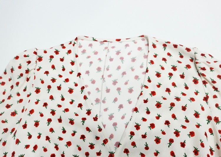 Floral V-Neck Tie Wrap Midi Dress｜Soft Enfold