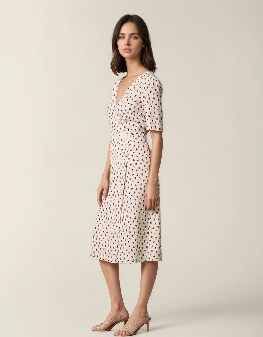 Floral V-Neck Tie Wrap Midi Dress｜Soft Enfold