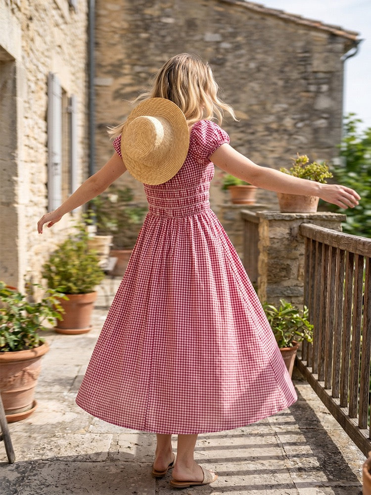 Plaid Cotton Midi Dress｜Grid Mellow