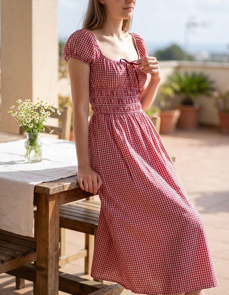 Plaid Cotton Midi Dress｜Grid Mellow