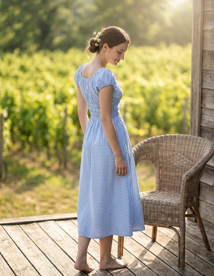 Plaid Cotton Midi Dress｜Grid Mellow